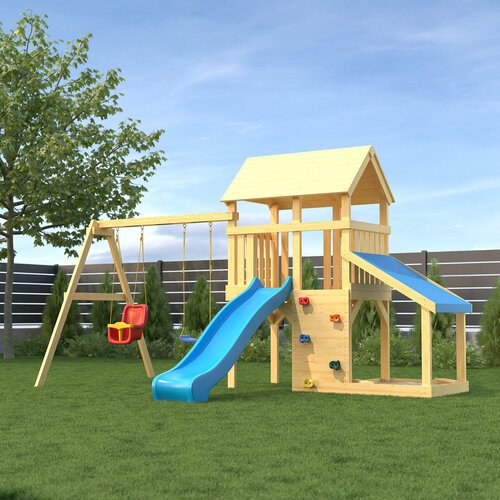 CustWood Scout S7+ Детская деревянная игровая площадка для улицы дачи с большой деревянной крышей
