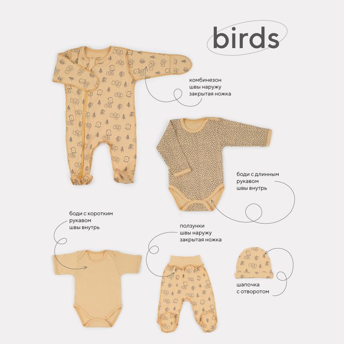 Комплекты детской одежды Mowbaby Комплект для новорожденного Birds (5 предметов)