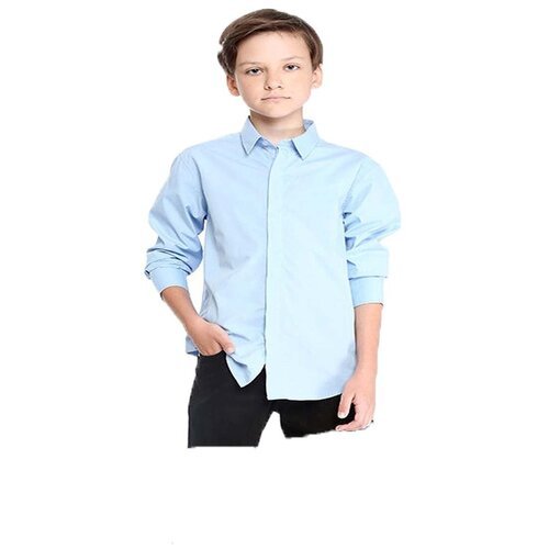 Школьная рубашка Deloras, полуприлегающий силуэт, на пуговицах, длинный рукав, без карманов, однотонная, размер 152, голубой