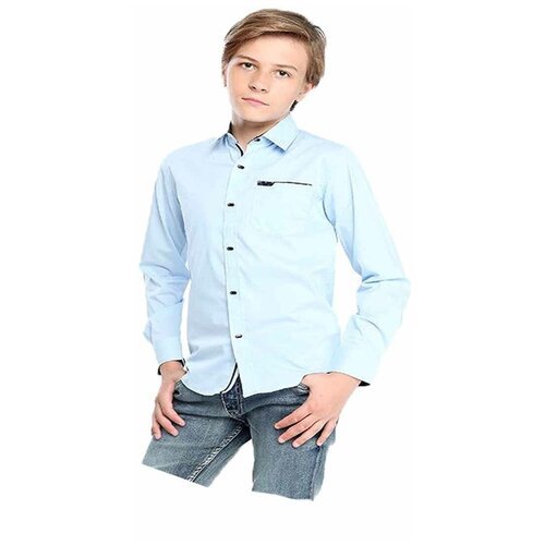 Школьная рубашка Deloras, полуприлегающий силуэт, на пуговицах, длинный рукав, карманы, без карманов, однотонная, размер 158, голубой