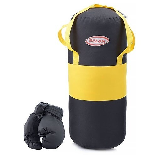 Набор для бокса: груша 50 см х Ø20 см. с перчатками. Цвет черный+желтый, ткань 'Оксфорд'