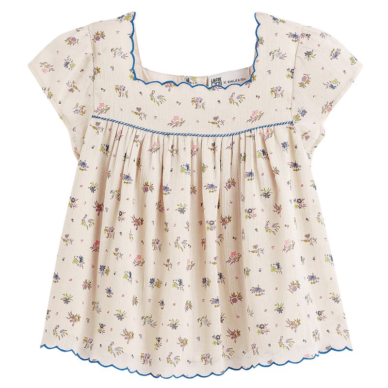 Блузка из хлопка с квадратным вырезом и цветочным принтом 8 лет - 126 см бежевый