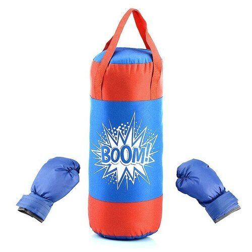 Набор для бокса: груша 50см х Ø20см (оксфорд) с перчатками. Цвет василек-красный, принт 'BOOM!'