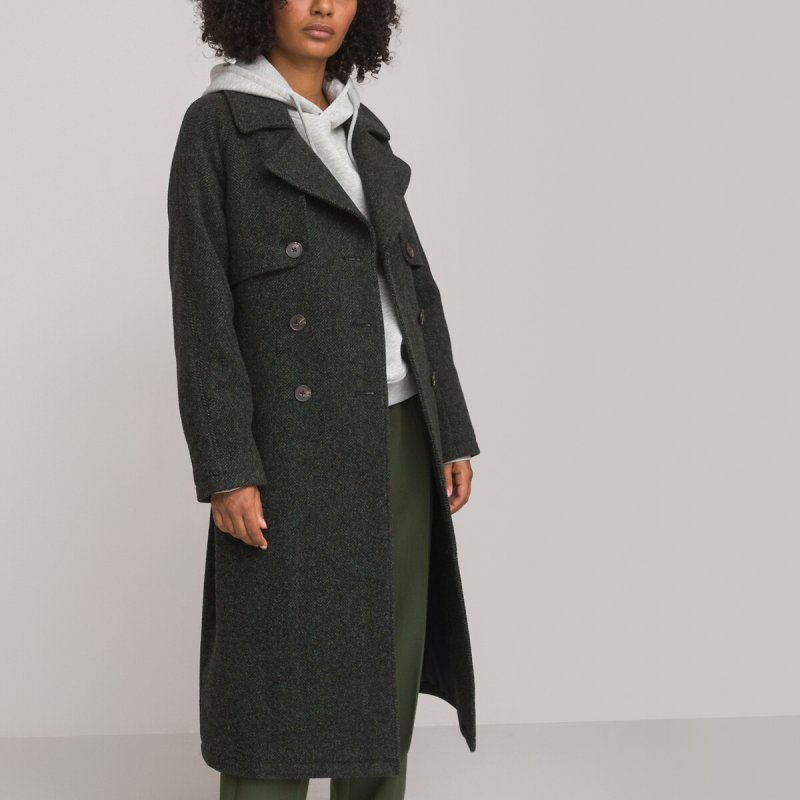 Пальто длинное из шерстяного драпа в ломаную саржу 42 (FR) - 48 (RUS) зеленый