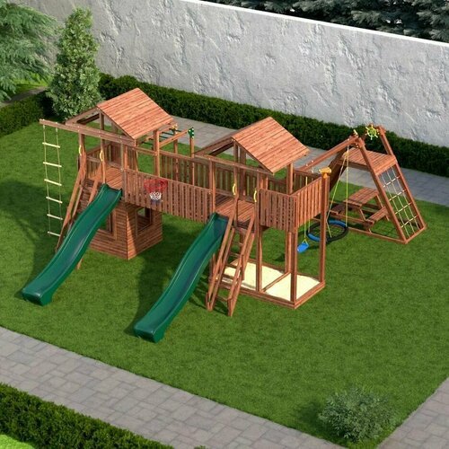 Деревянная детская игровая площадка CustWood Family F17 комплекс для улицы качели гнездо, 2 горки, скалодром, рукоход, песочница