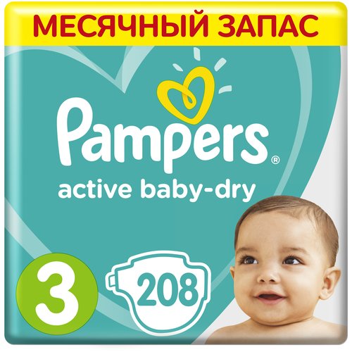 Pampers подгузники Active Baby-Dry 3, 6-10 кг, 52 шт., 4 уп., , белый