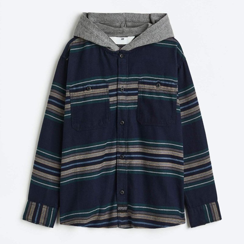 Рубашка H&M Hooded Flannel, темно-синий/полосатый (Размер Рост: 158 см)